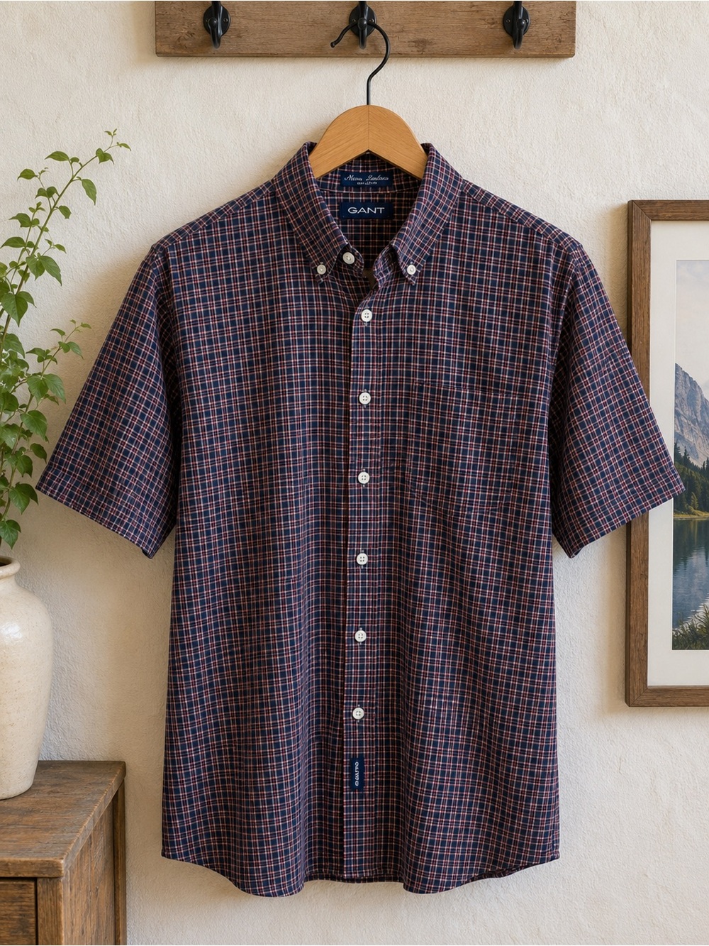 GANT Men’s XL Micro Tartan Plaid Short Sleeve Button Down Shirt 100% Cotton